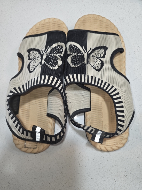 Shoes - Beige & Black Butterfly Knit Slide Sandals